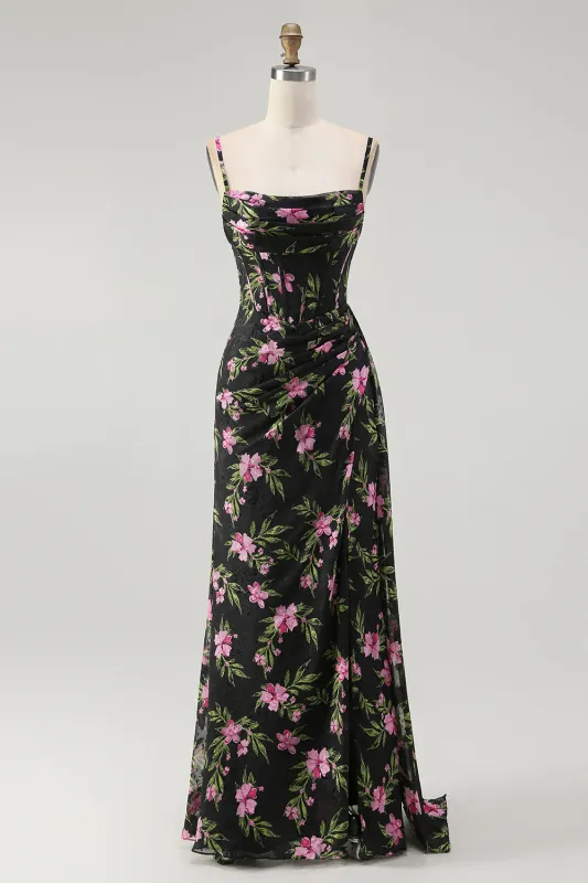Black Pink Flower Corset Chiffon Long Bridesmaid Dress with Side Streamer made by Wedtrend
