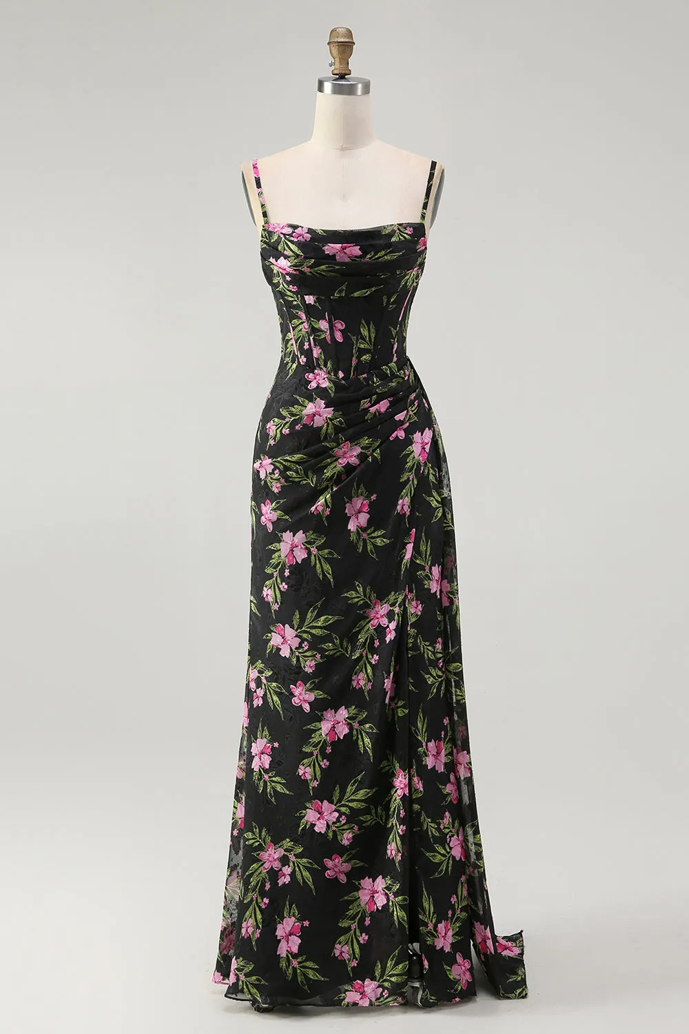 Black Pink Flower Corset Chiffon Long Bridesmaid Dress with Side Streamer sold by Wedtrend