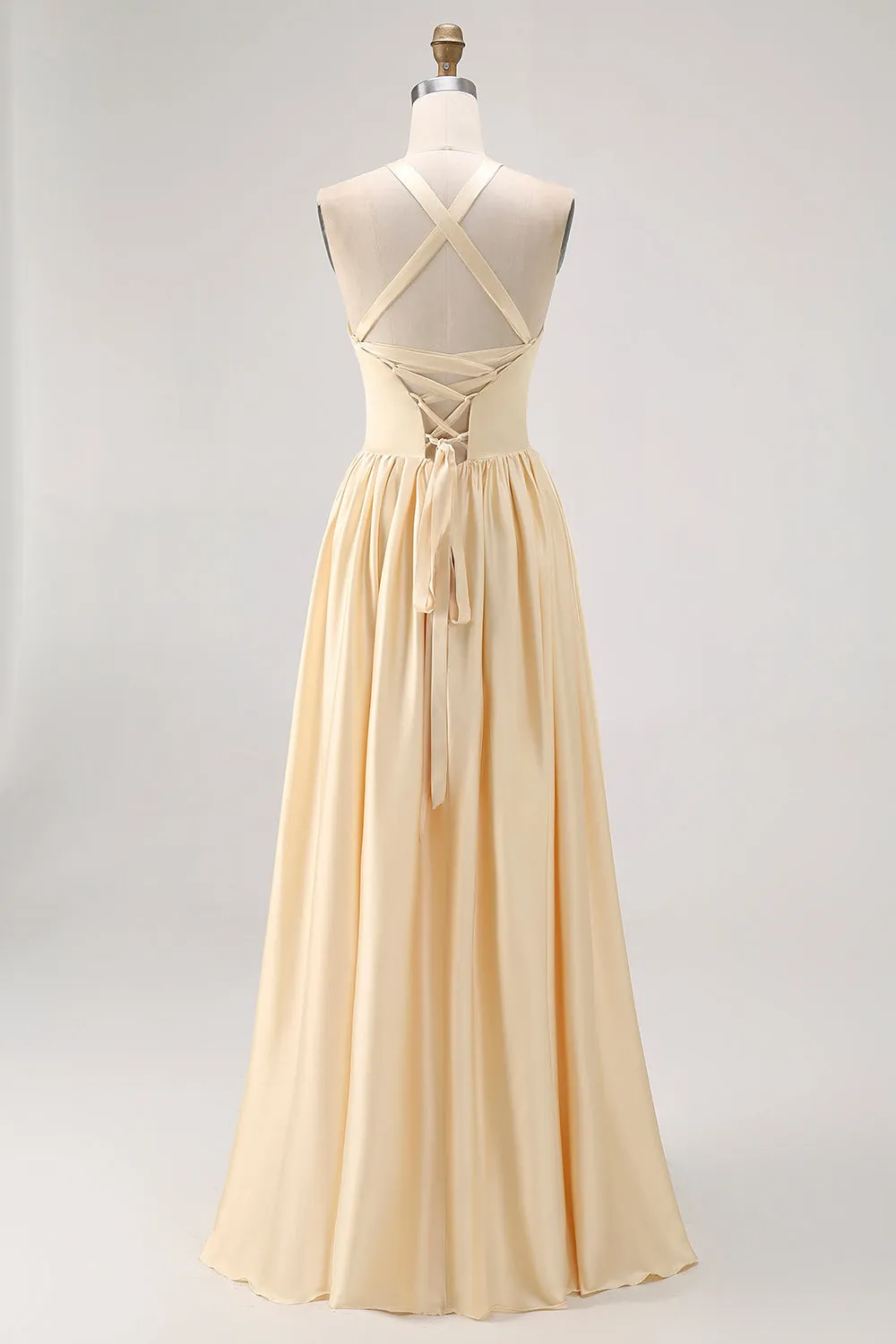 Daffodil Halter A Line Satin Long Bridesmaid Dress with Lace Up Back sold by Wedtrend product image thumbnail 2