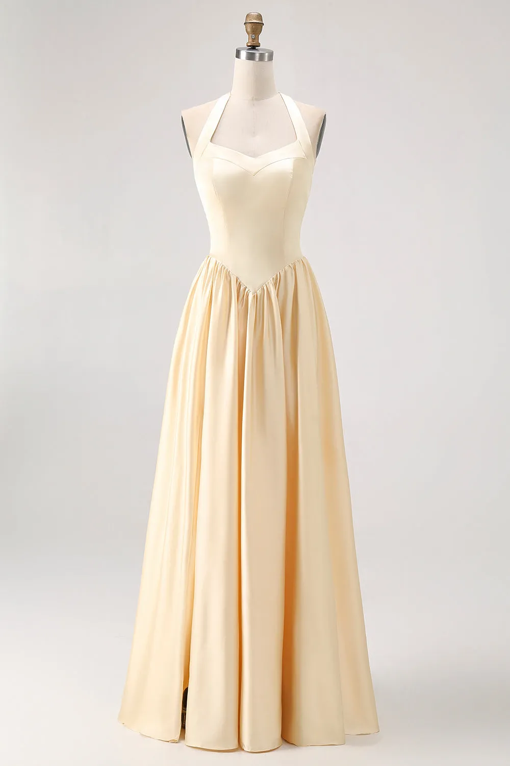 Daffodil Halter A Line Satin Long Bridesmaid Dress with Lace Up Back sold by Wedtrend