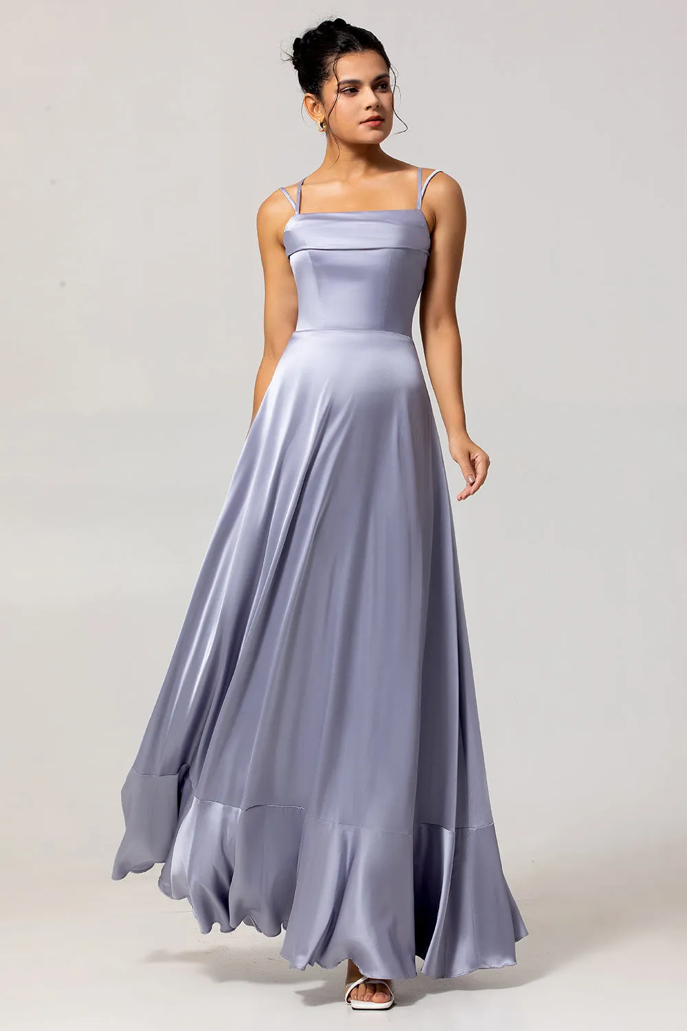 Dusty Blue A-Line Satin Long Bridesmaid Dress with Lace Up Back sold by Wedtrend product image thumbnail 3