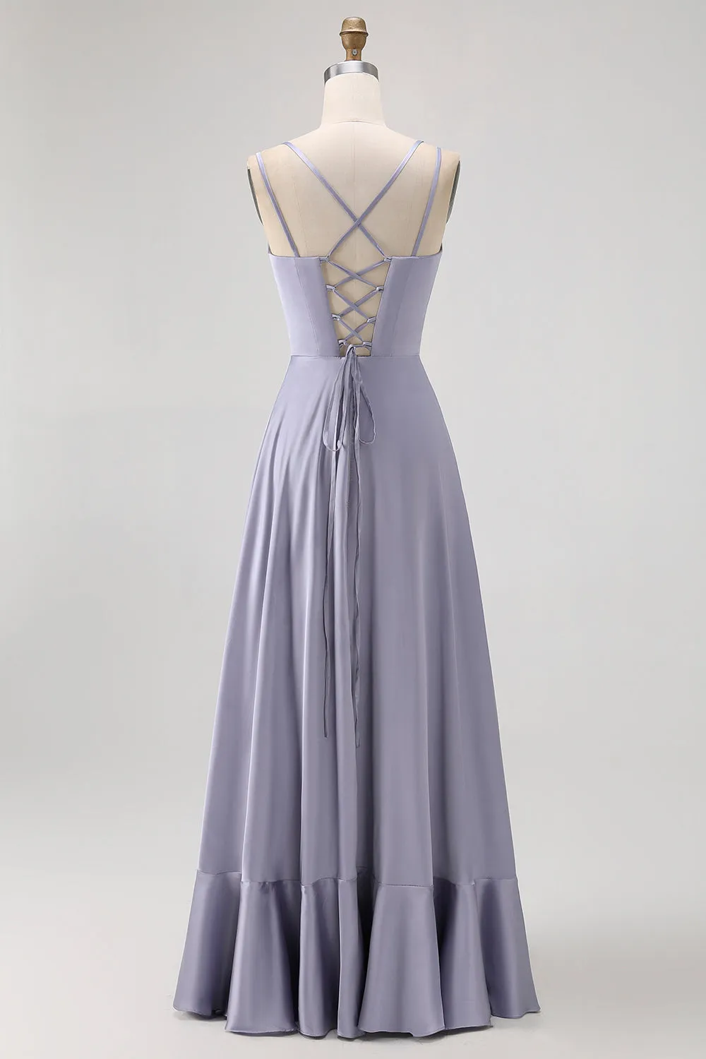 Dusty Blue A-Line Satin Long Bridesmaid Dress with Lace Up Back sold by Wedtrend product image thumbnail 2