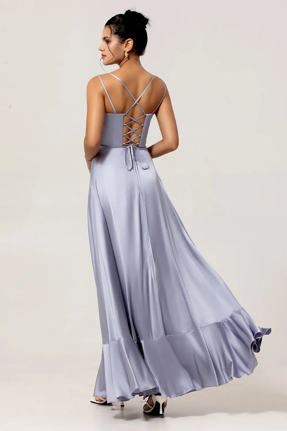 Dusty Blue A-Line Satin Long Bridesmaid Dress with Lace Up Back sold by Wedtrend product image thumbnail 4