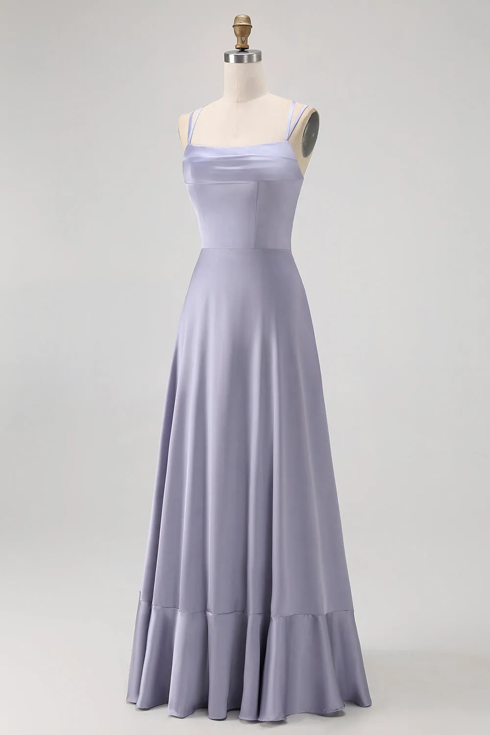 Dusty Blue A-Line Satin Long Bridesmaid Dress with Lace Up Back sold by Wedtrend product image thumbnail 5