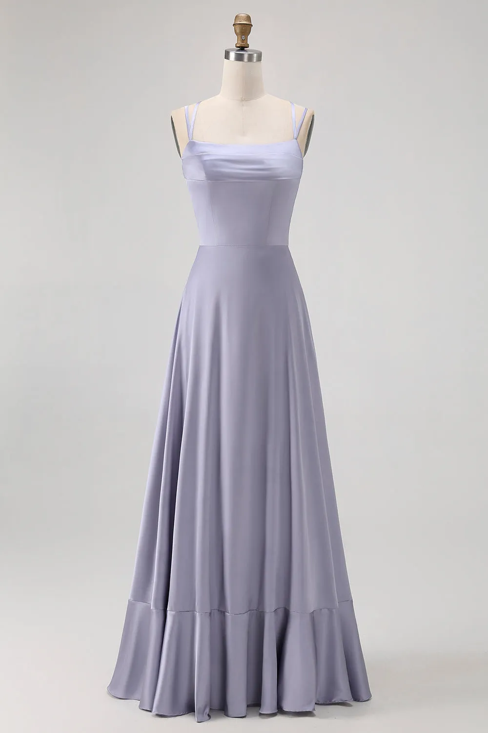Dusty Blue A-Line Satin Long Bridesmaid Dress with Lace Up Back sold by Wedtrend