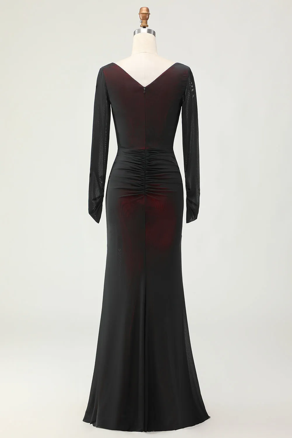 Black Red Sheath Ruched Long Sleeves Bridesmaid Dress with Slit sold by Wedtrend product image thumbnail 2