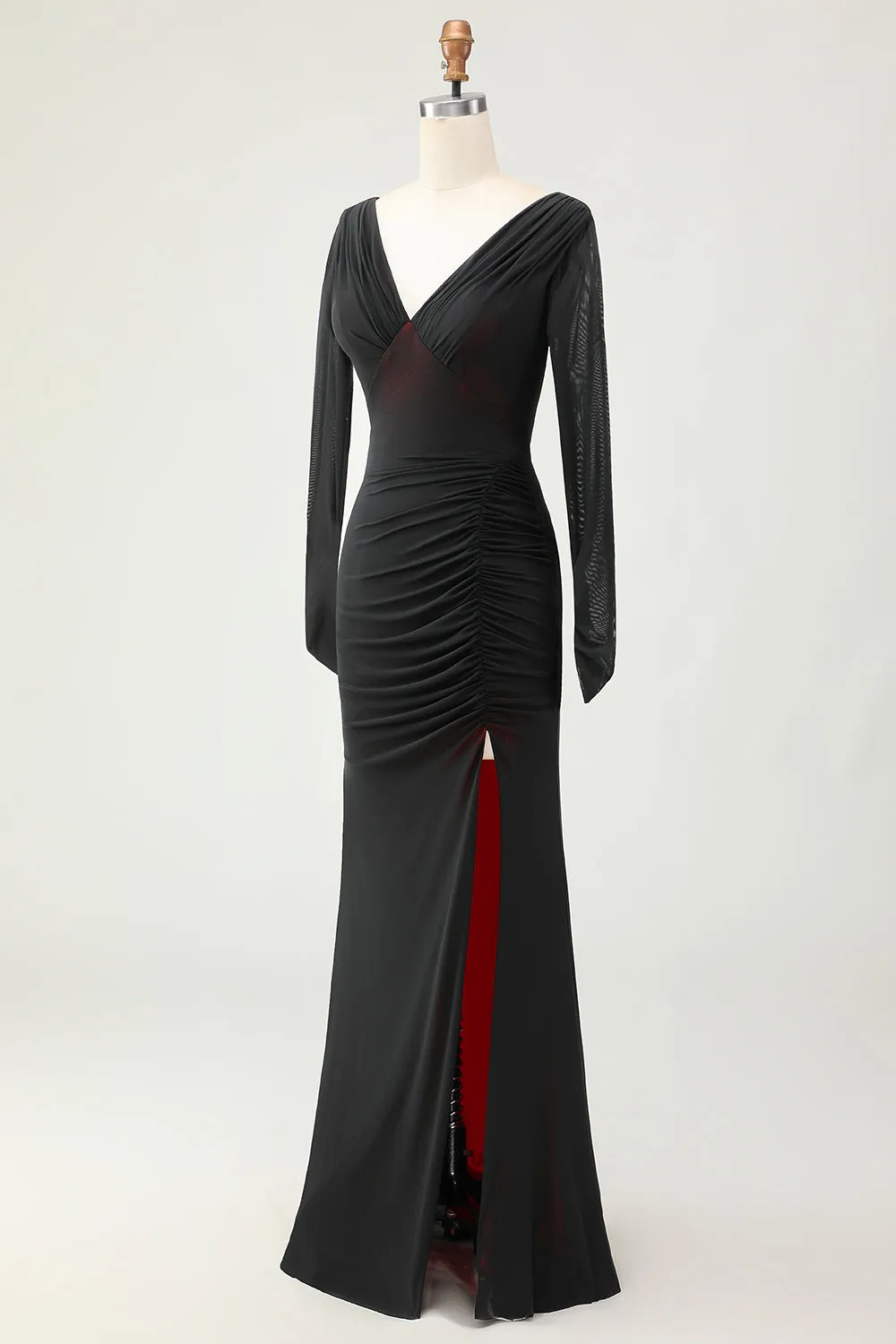 Black Red Sheath Ruched Long Sleeves Bridesmaid Dress with Slit sold by Wedtrend product image thumbnail 5