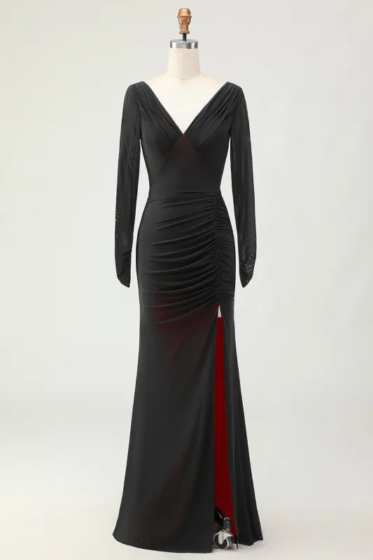Black Red Sheath Ruched Long Sleeves Bridesmaid Dress with Slit made by Wedtrend