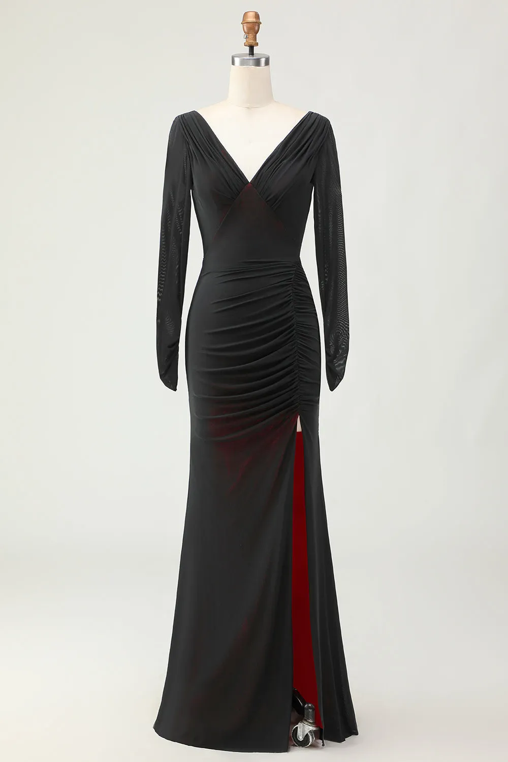 Black Red Sheath Ruched Long Sleeves Bridesmaid Dress with Slit sold by Wedtrend