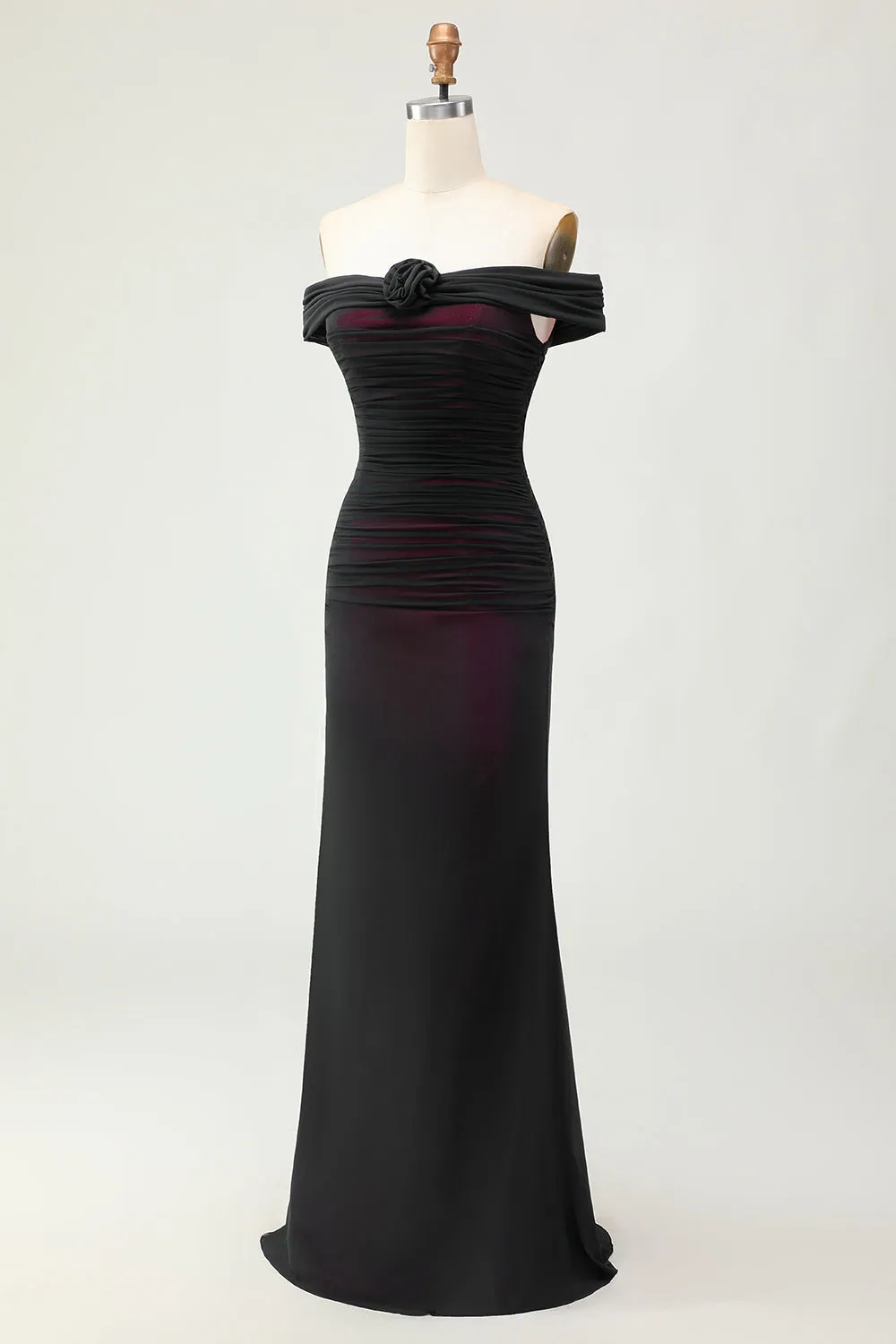 Mermaid Off the Shoulder Black Pink Ruched Maxi Dress with 3D Flower sold by Wedtrend product image thumbnail 5