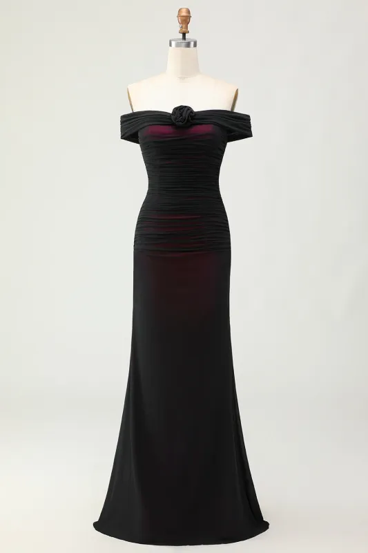 Mermaid Off the Shoulder Black Pink Ruched Maxi Dress with 3D Flower made by Wedtrend