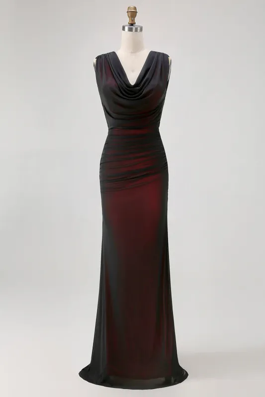 Black Mesh Sheath Cowl Neck Open Back Maxi Dress with Red Lining made by Wedtrend