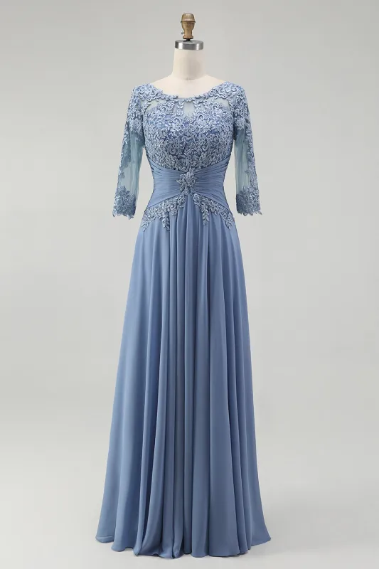 Dusty Blue A Line Chiffon Mother of the Bride Dress with Half Sleeves made by Wedtrend