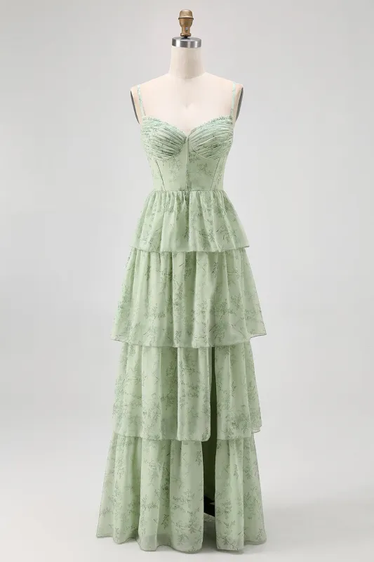 Dusty Sage A Line Corset Tiered Print & Floral Long Bridesmaid Dress with Slit made by Wedtrend