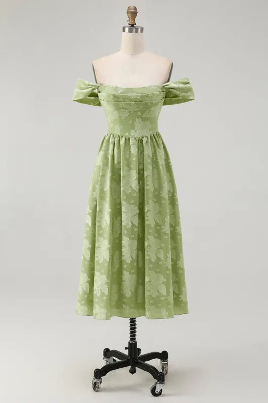 Sage Green Floral A Line Jacquard Off The Shoulder Midi Dress sold by Wedtrend
