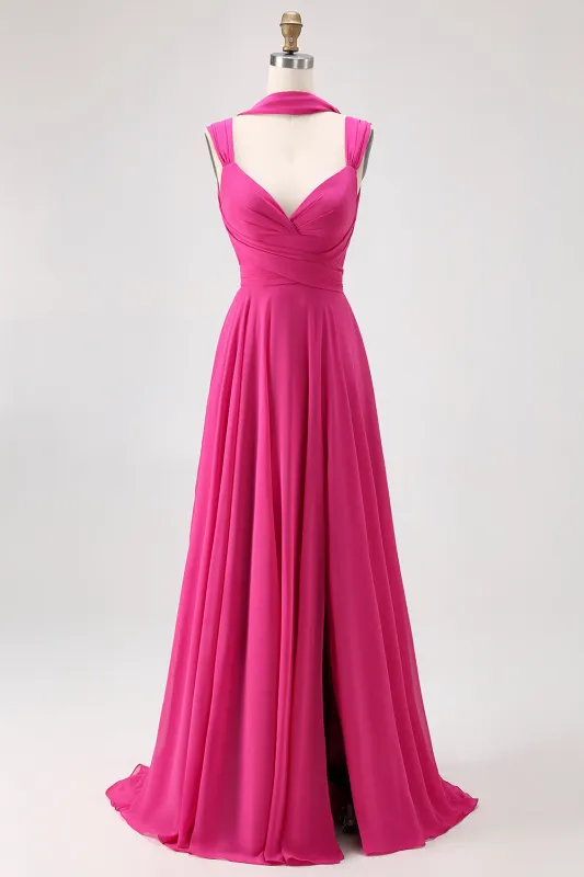 Fuchsia A Line Open Back Convertible Chiffon Long Bridesmaid Dress with Slit made by Wedtrend