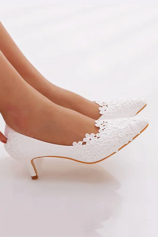 White Lace Kitten Heel Closed Toe Pointed Wedding Shoes sold by Wedtrend