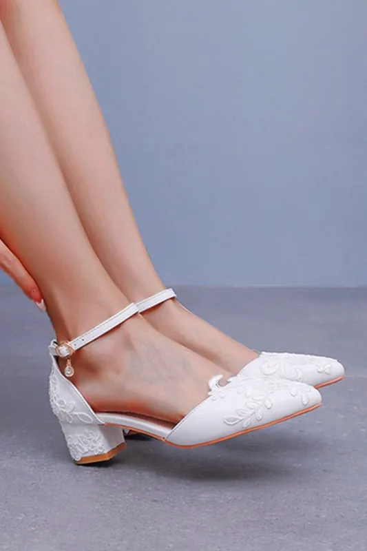 White Floral Embroidered Ankle Strap Block Heel Wedding Shoes made by Wedtrend