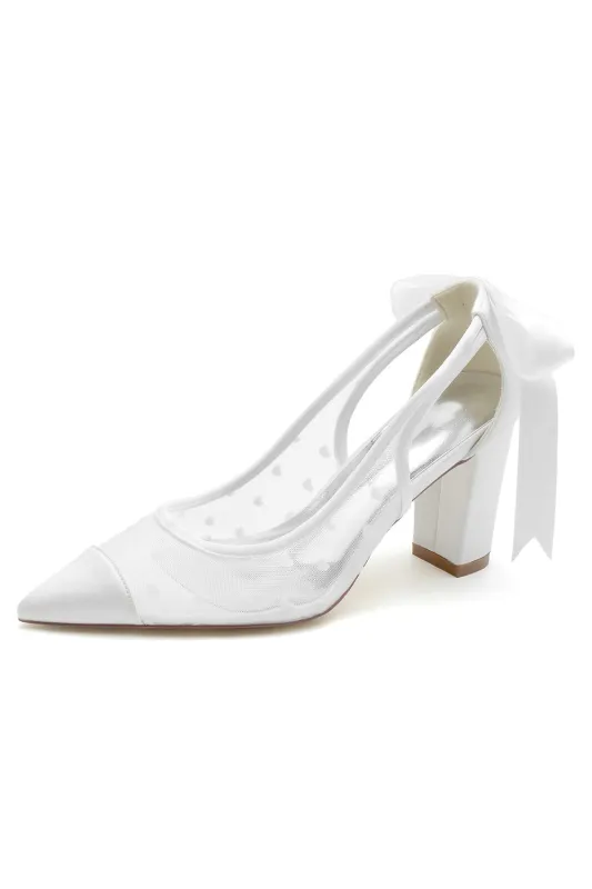 White Mesh Pointed Toe Block Heel Wedding Shoes with Bow made by Wedtrend