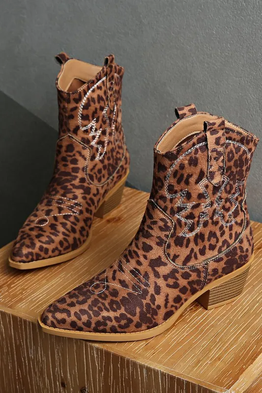Bown Leopard Print Western Ankle Boots with Block Heel made by Wedtrend