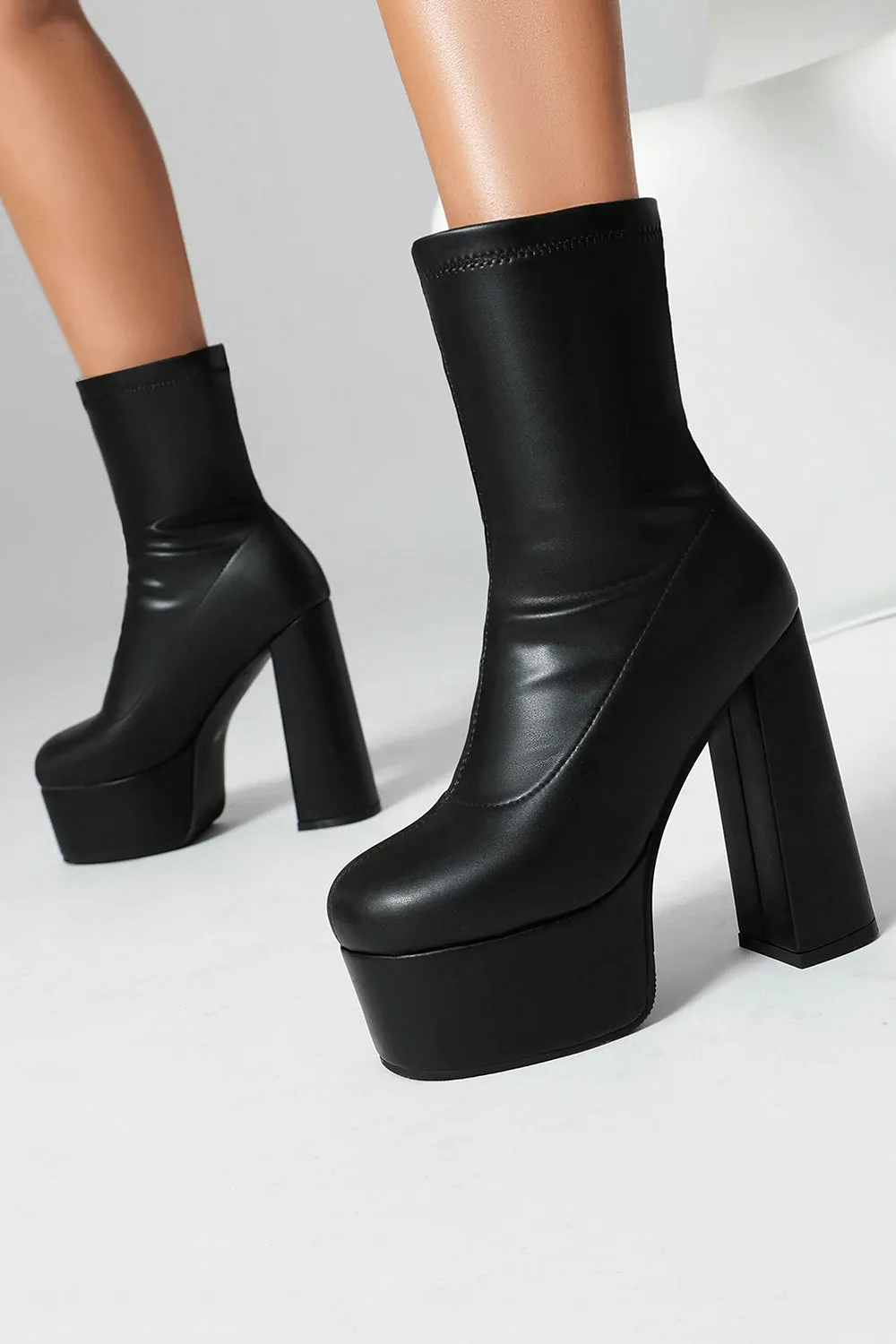 Trendy Black Platform Ankle Boots with Chunky High Block Heel sold by Wedtrend
