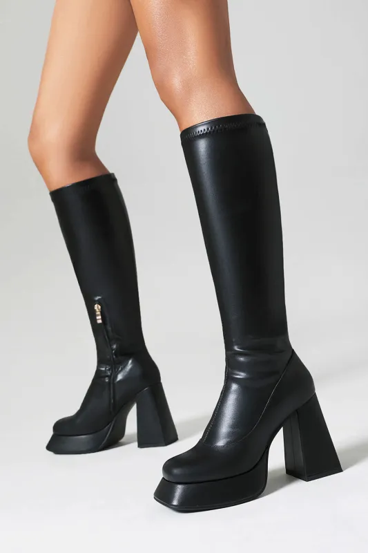 Sleek Black High-Heel Knee-High Boots with Chunky Block Heel and Side Zipper made by Wedtrend