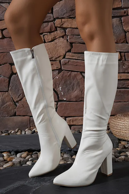 Chic White Knee-High Block Heel Boots with Pointed Toe made by Wedtrend