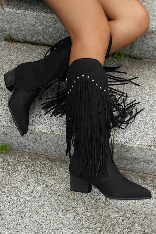 Black Fringe Studded Mid-Calf Cowboy Boots made by Wedtrend