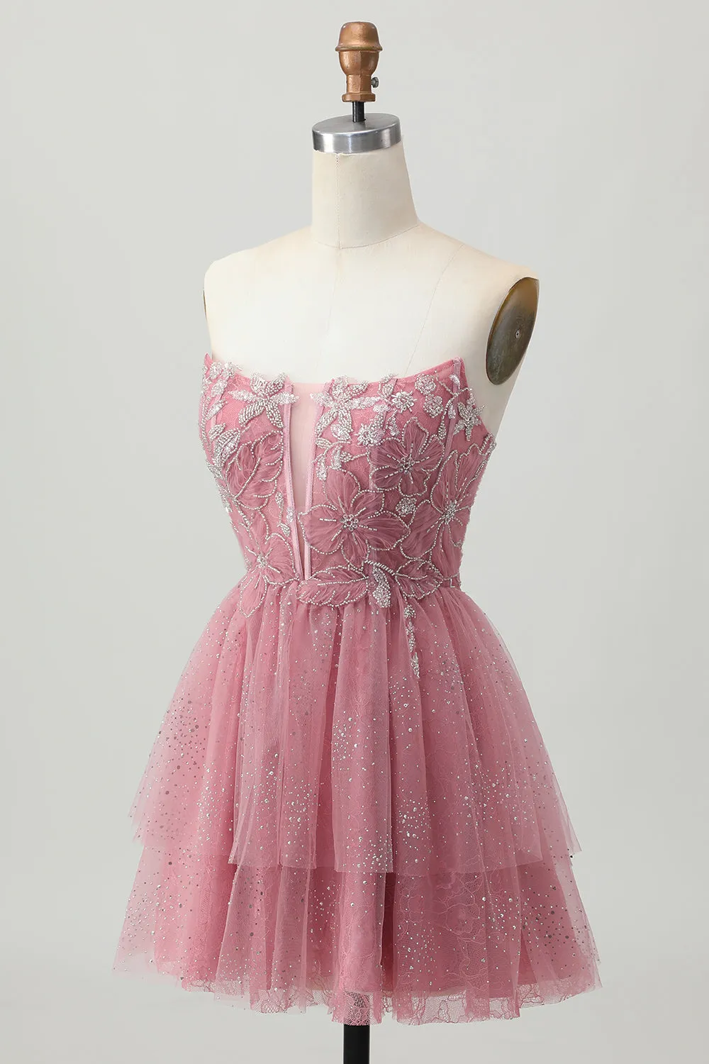 Dusty Rose Strapless A-Line Tiered Tulle Mini Homecoming Dress with Beading sold by Wedtrend product image thumbnail 3