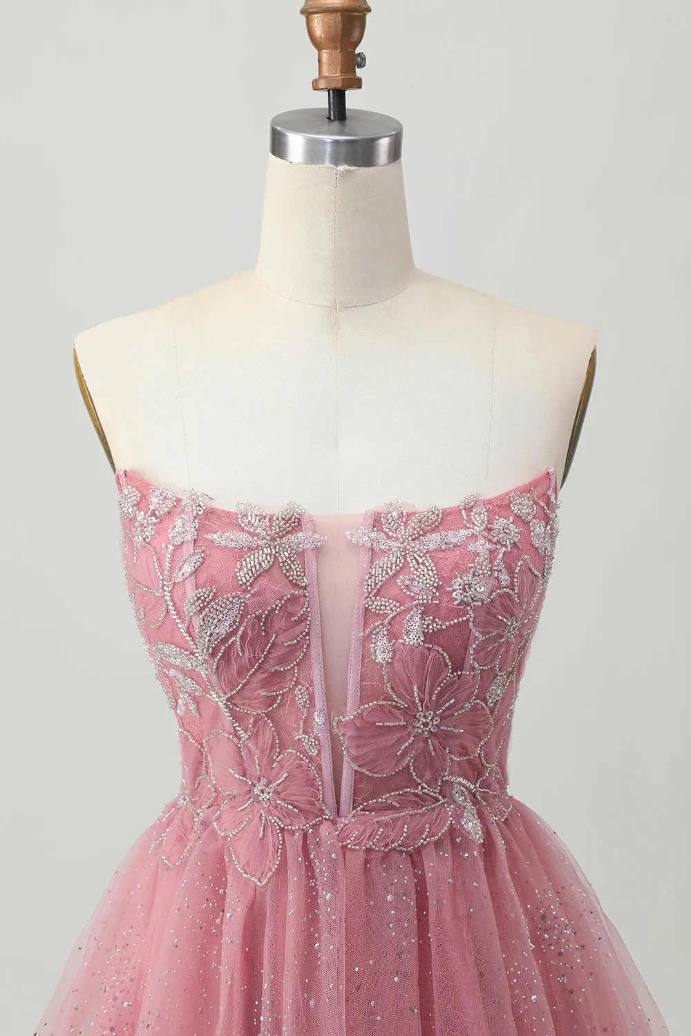 Dusty Rose Strapless A-Line Tiered Tulle Mini Homecoming Dress with Beading sold by Wedtrend product image thumbnail 4