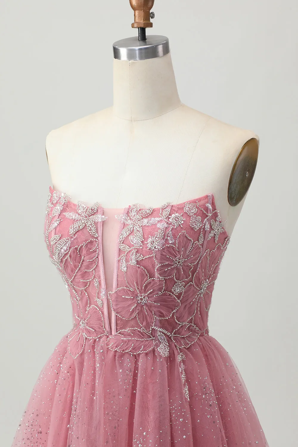 Dusty Rose Strapless A-Line Tiered Tulle Mini Homecoming Dress with Beading sold by Wedtrend product image thumbnail 5
