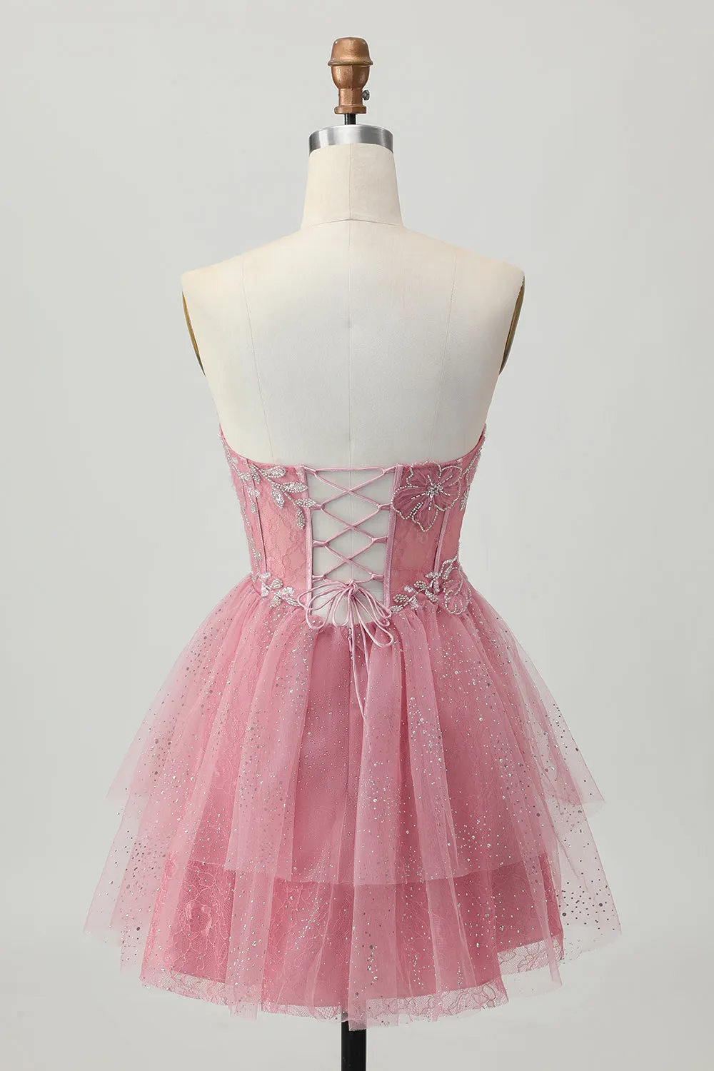 Dusty Rose Strapless A-Line Tiered Tulle Mini Homecoming Dress with Beading sold by Wedtrend product image thumbnail 2