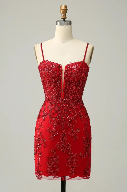 Sparkly Red Bodycon Sequins Mini Homecoming Dress with Criss Cross Back sold by Wedtrend