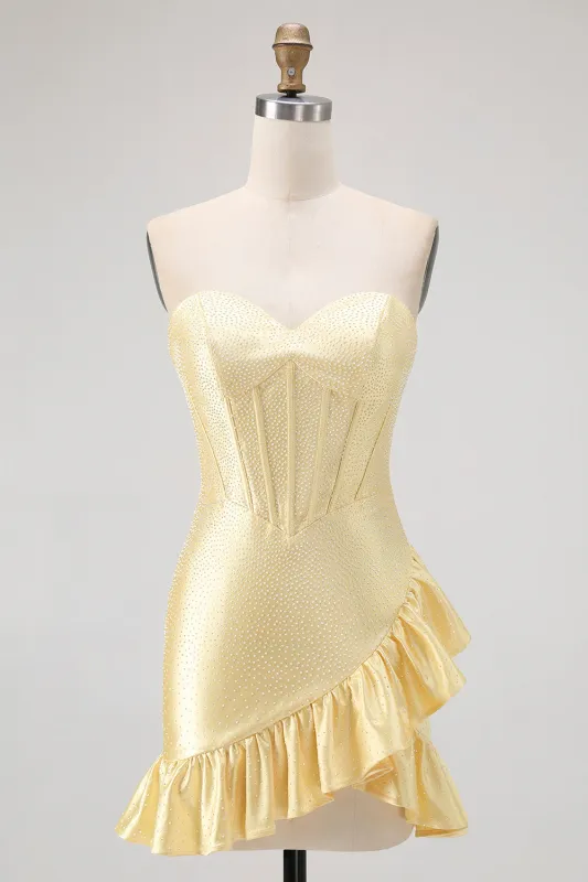 Yellow Bodycon Strapless Corset Beaded Short Homecoming Dress with Ruffles made by Wedtrend