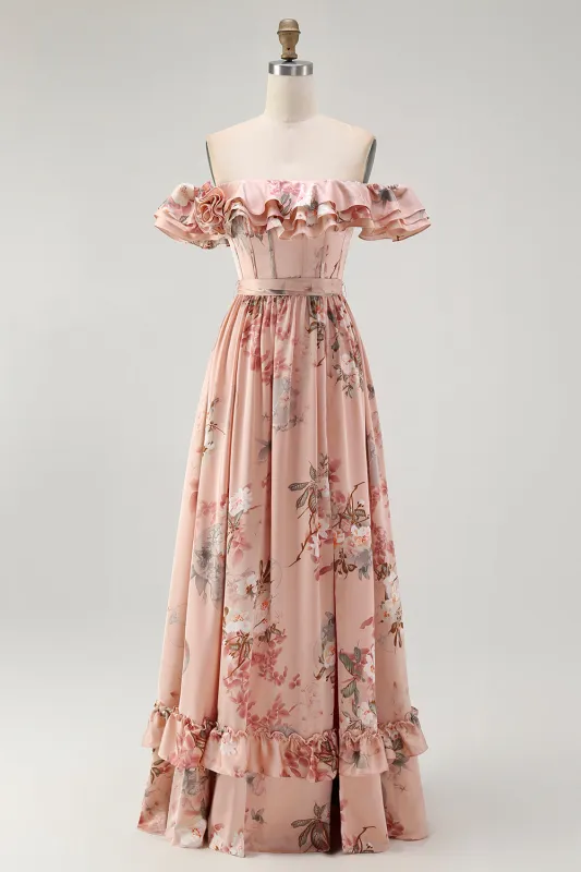Blush Floral A-Line Off The Shoulder Ruffle Chiffon Long  Bridesmaid Dress with Slit sold by Wedtrend