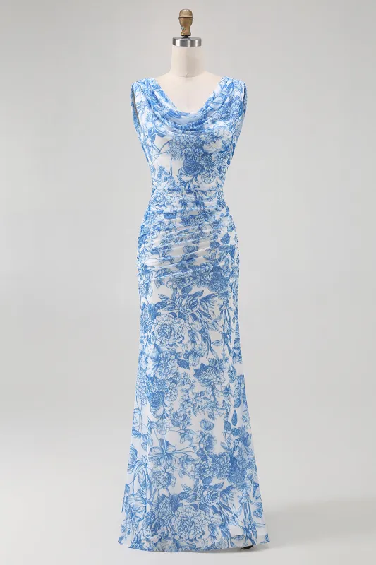 Blue Flower Sheath Cowl Neck Printed Long Bridesmaid Dress with Slit made by Wedtrend