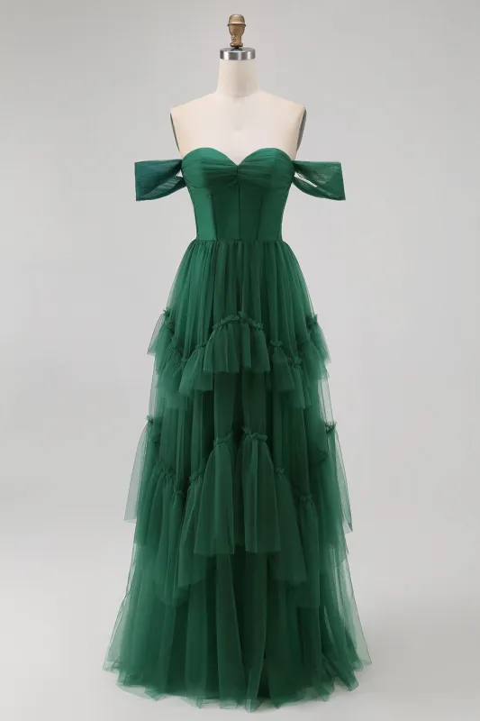Emerald Green A-Line Off-Shoulder Tiered Tulle Long Evening Dress with Ruffles sold by Wedtrend
