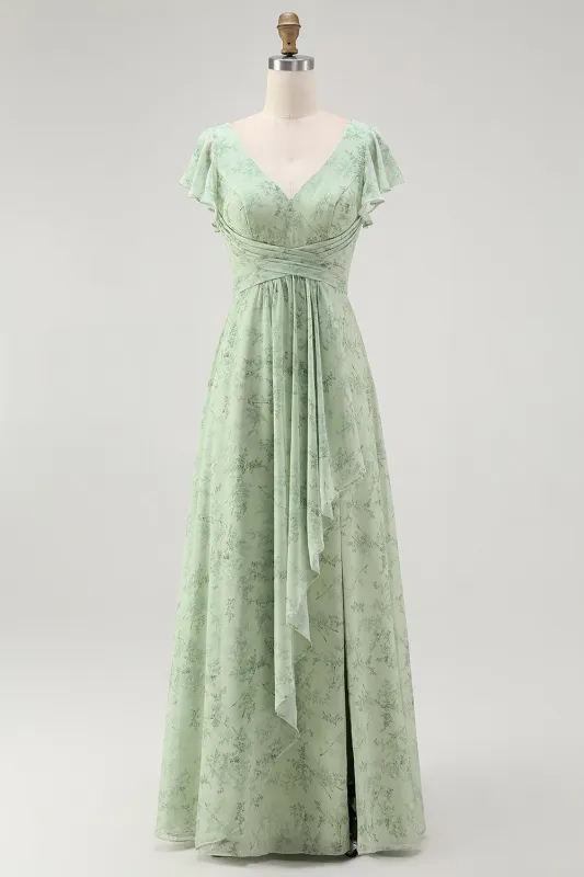 Dusty Sage A-Line Chiffon Flutter Sleeves Print Floral Bridesmaid Dress with Slit made by Wedtrend