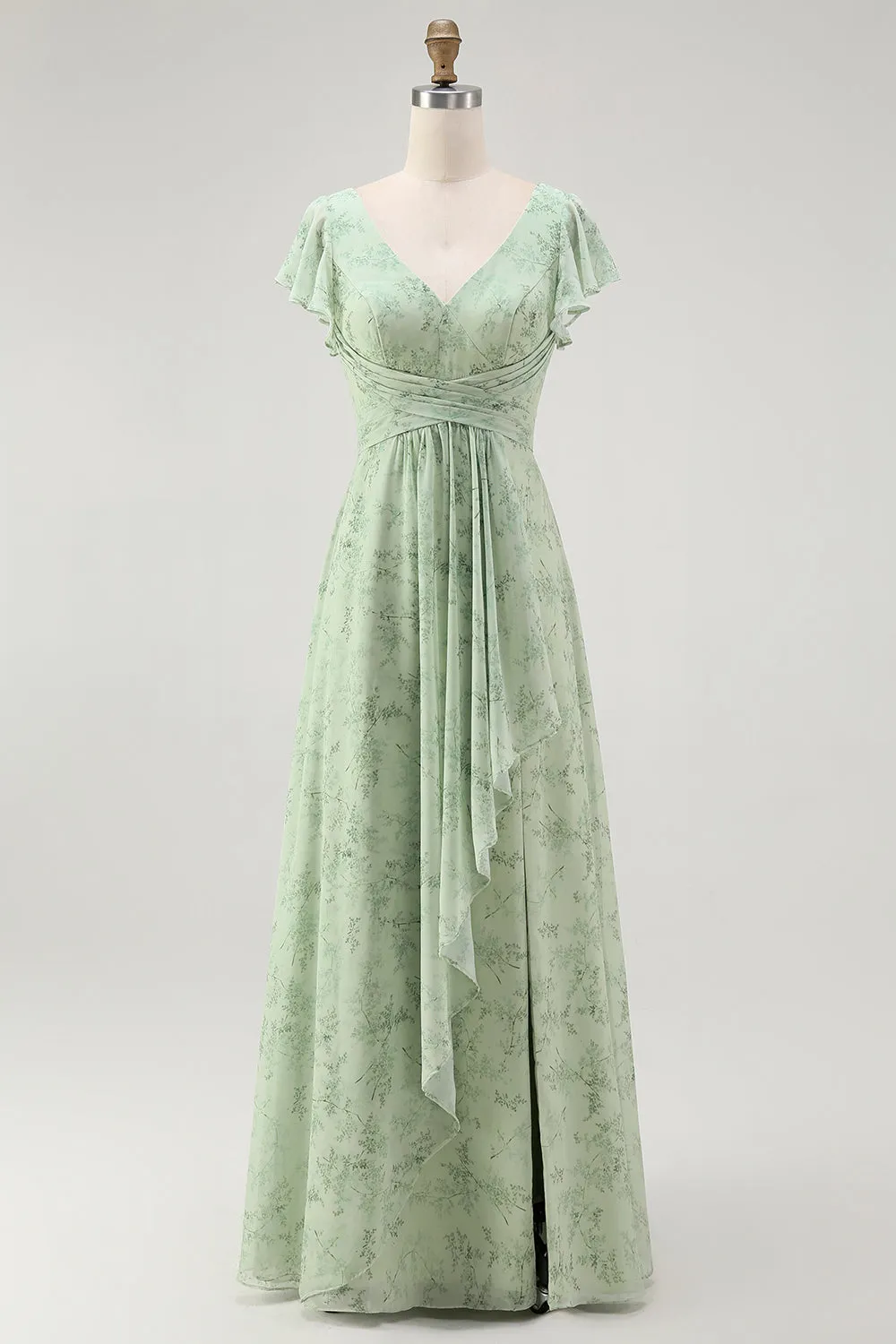 Dusty Sage A-Line Chiffon Flutter Sleeves Print Floral Bridesmaid Dress with Slit sold by Wedtrend