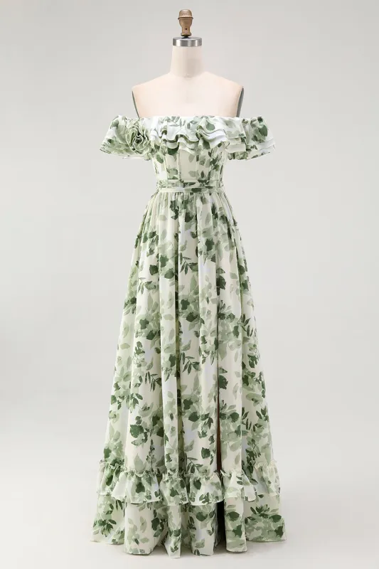 White Green Leaf A-Line Off The Shoulder Print Bridesmaid Dress with Ruffles sold by Wedtrend