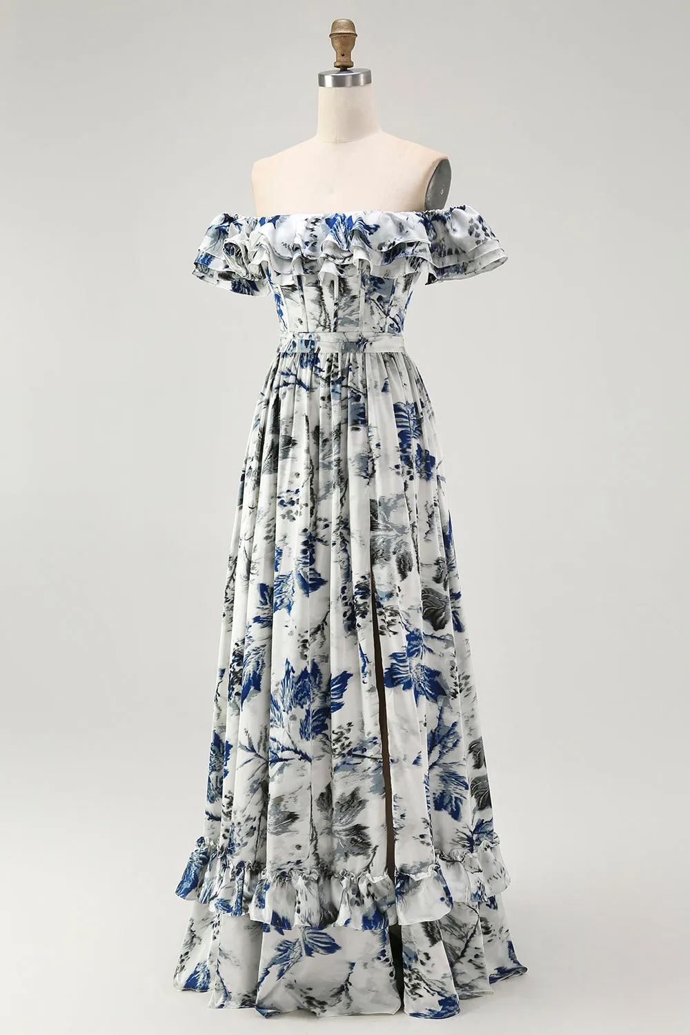 Blue Porcelain Off-Shoulder A-Line Ruffle Print Floral Long Bridesmaid Dress with Slit sold by Wedtrend product image thumbnail 3