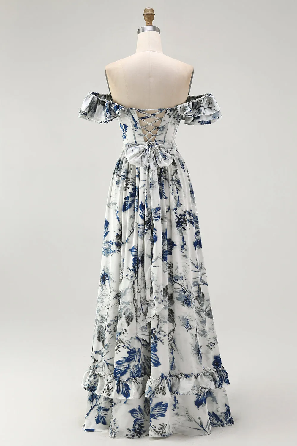 Blue Porcelain Off-Shoulder A-Line Ruffle Print Floral Long Bridesmaid Dress with Slit sold by Wedtrend product image thumbnail 2