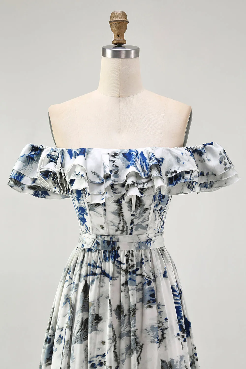 Blue Porcelain Off-Shoulder A-Line Ruffle Print Floral Long Bridesmaid Dress with Slit sold by Wedtrend product image thumbnail 4