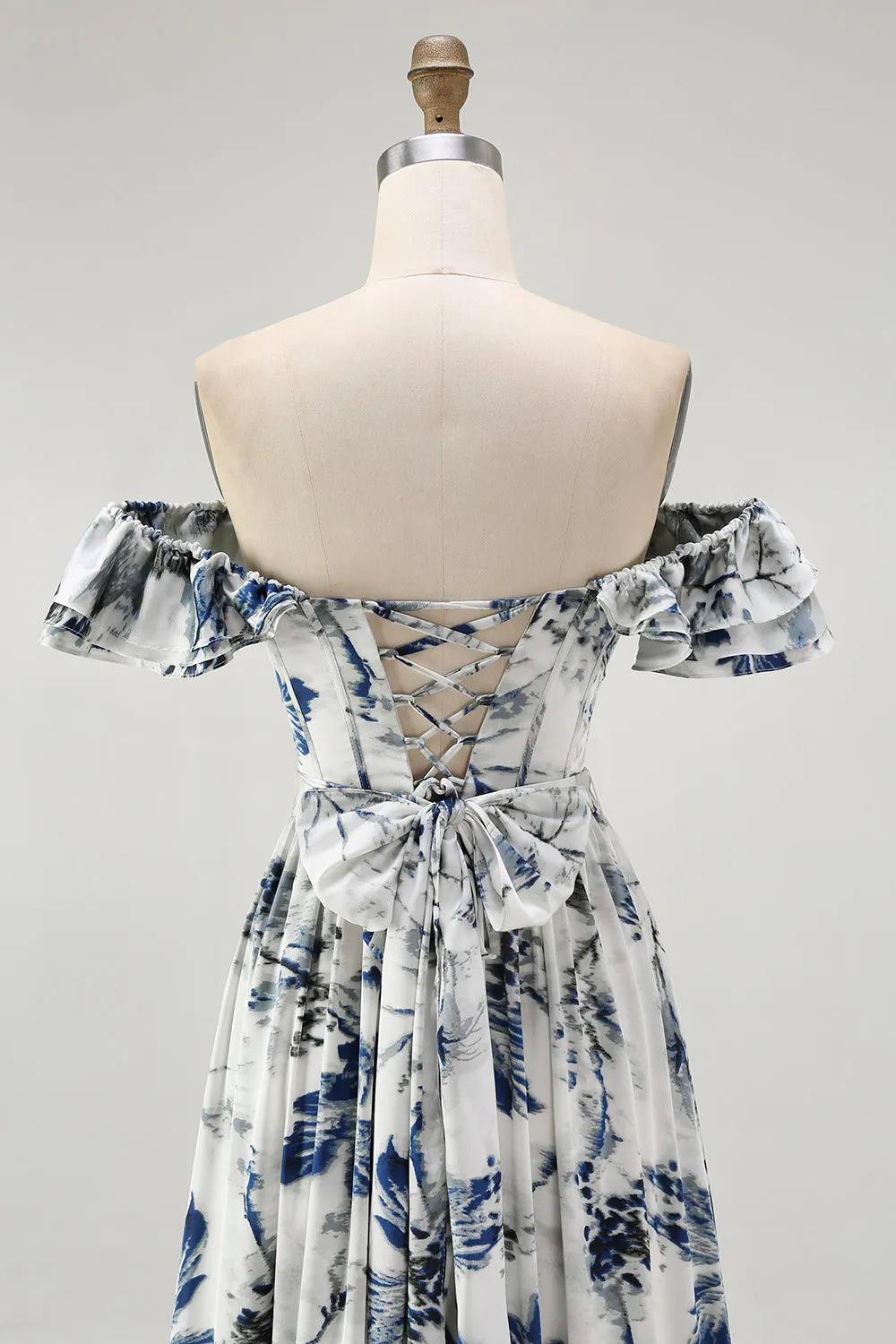 Blue Porcelain Off-Shoulder A-Line Ruffle Print Floral Long Bridesmaid Dress with Slit sold by Wedtrend product image thumbnail 5