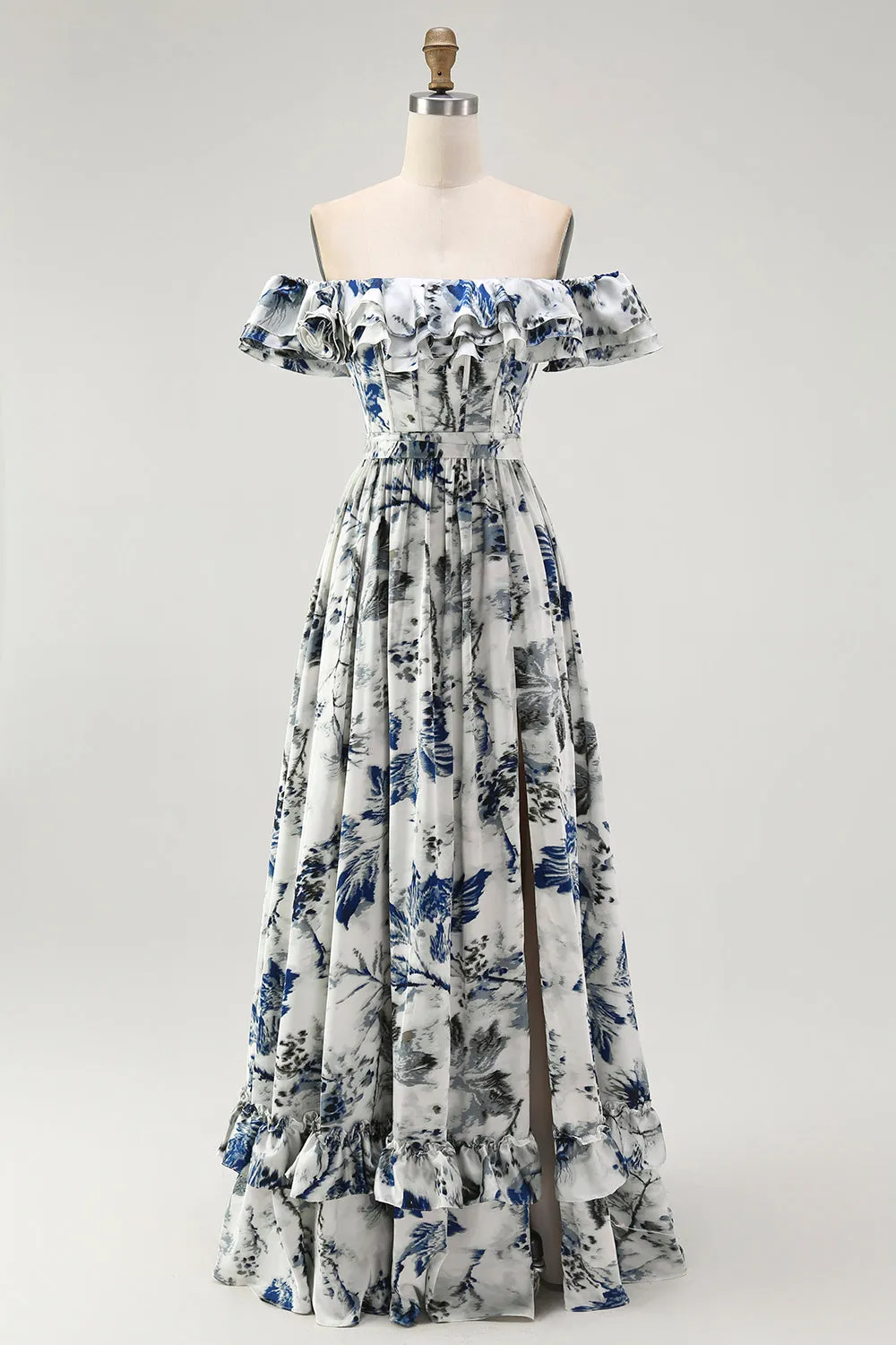 Blue Porcelain Off-Shoulder A-Line Ruffle Print Floral Long Bridesmaid Dress with Slit sold by Wedtrend