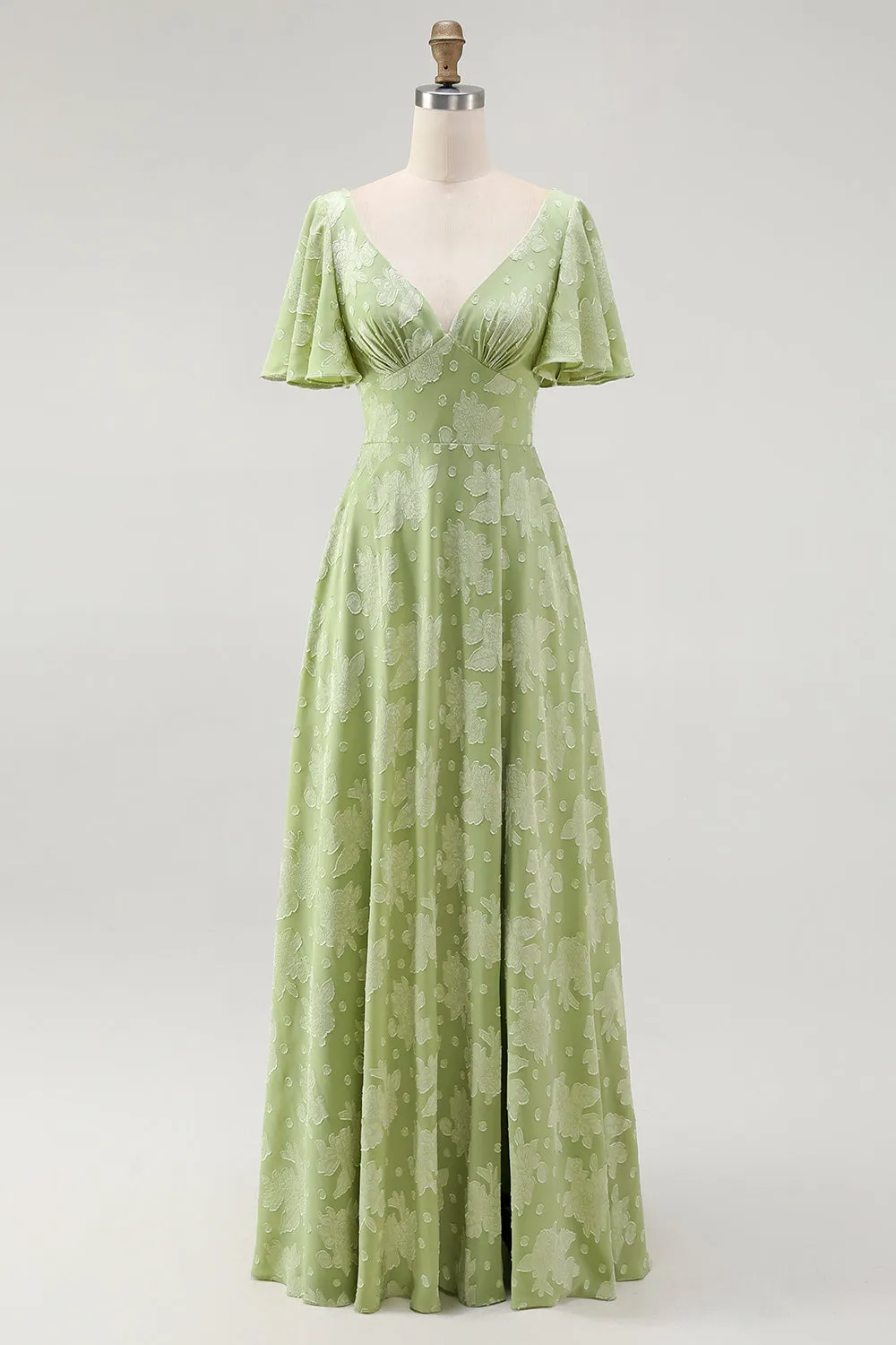 A Line Sage Green Floral Jacquard Flutter Sleeves Maxi Dress with Bow Back sold by Wedtrend
