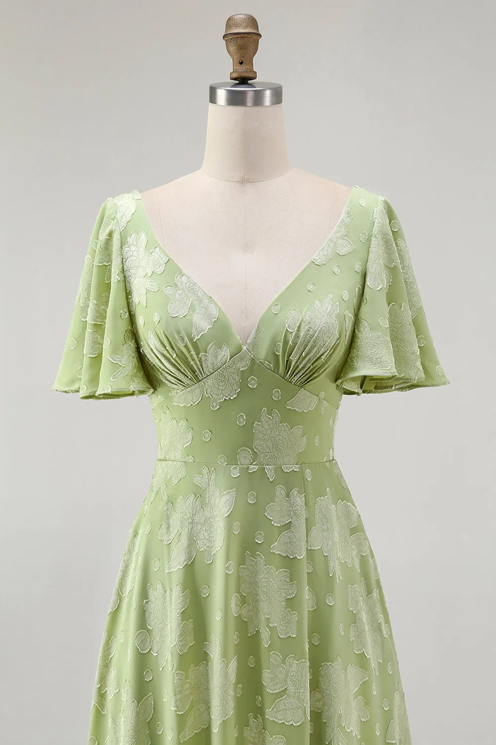 A Line Sage Green Floral Jacquard Flutter Sleeves Maxi Dress with Bow Back sold by Wedtrend product image thumbnail 4