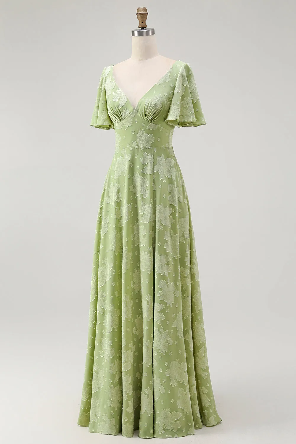 A Line Sage Green Floral Jacquard Flutter Sleeves Maxi Dress with Bow Back sold by Wedtrend product image thumbnail 3