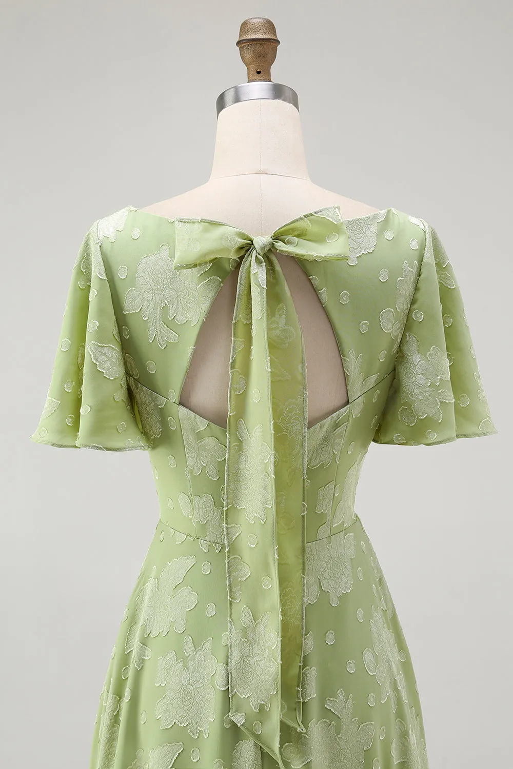 A Line Sage Green Floral Jacquard Flutter Sleeves Maxi Dress with Bow Back sold by Wedtrend product image thumbnail 5