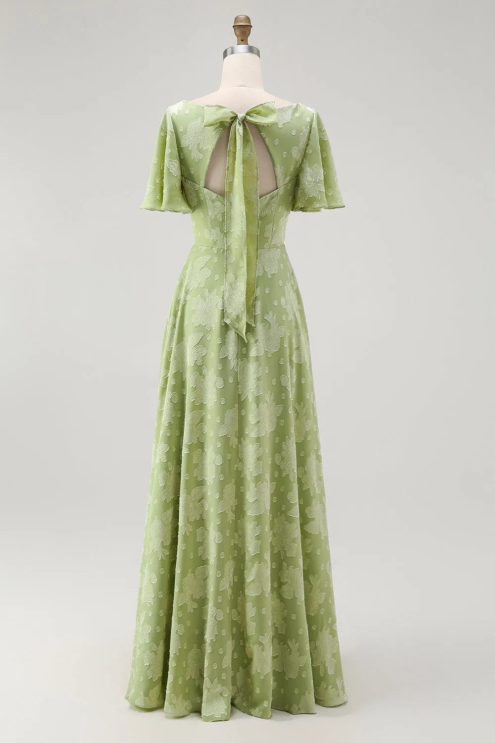 A Line Sage Green Floral Jacquard Flutter Sleeves Maxi Dress with Bow Back sold by Wedtrend product image thumbnail 2